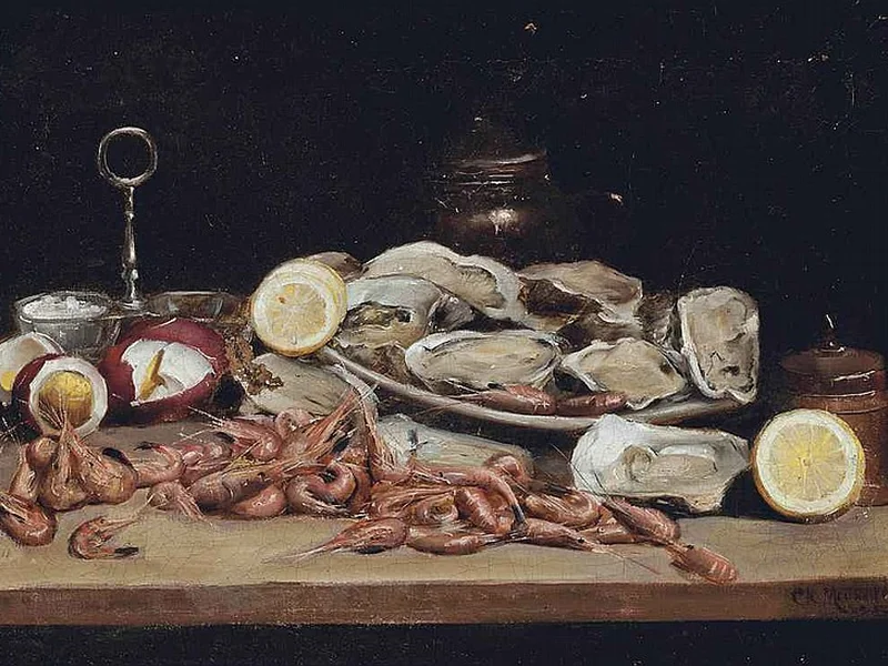 1861-Charles Merlette - Ostriche, gamberi e limoni su un tavolo